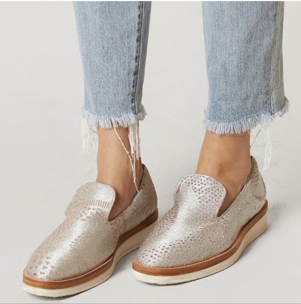 Free People metallic Snake Eye Loafers, silver with dusky pink embroidery